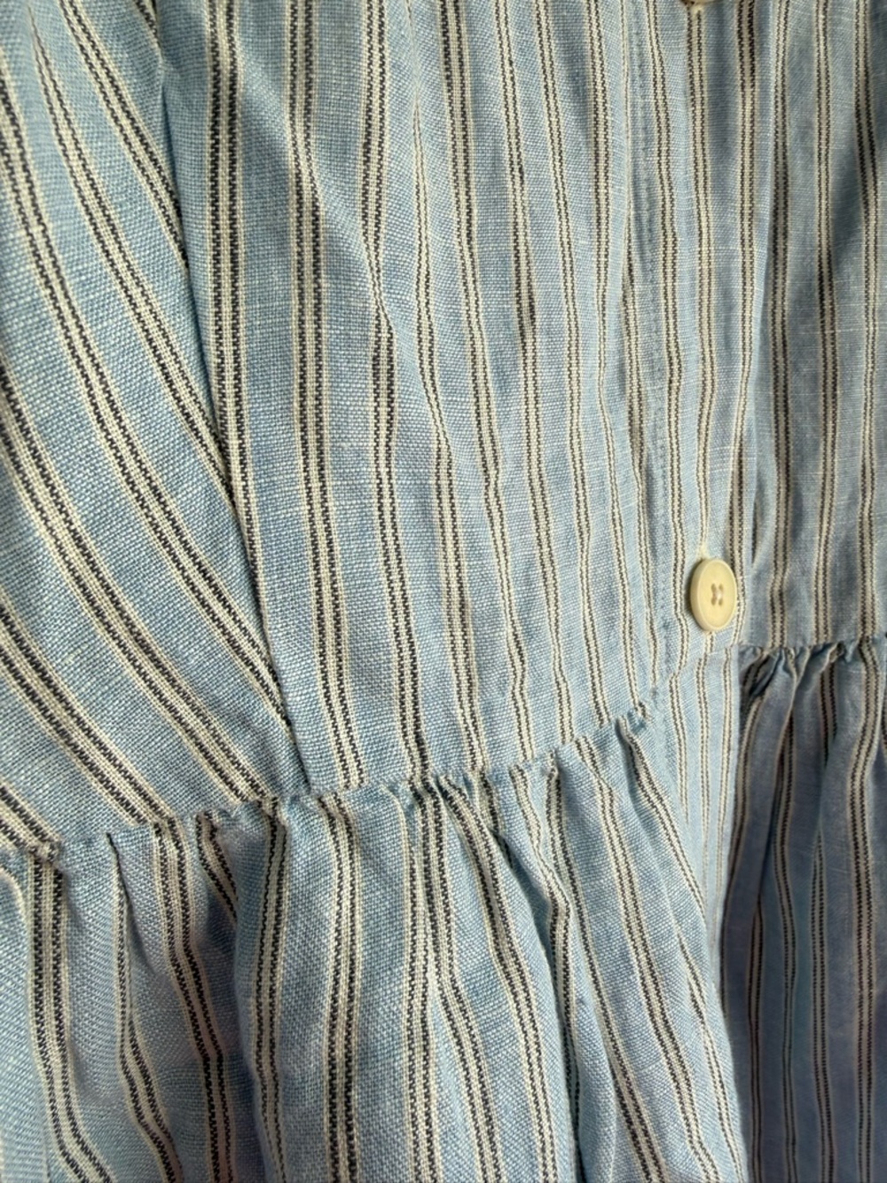 Madewell Linen Midi Dress XL Blue Stripe Button Front Puff Sleeve Pockets NWT - Picture 2 of 6